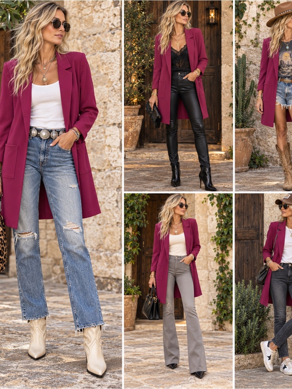 Women's Longline Open-Front Blazer Jacket in Berry Plum